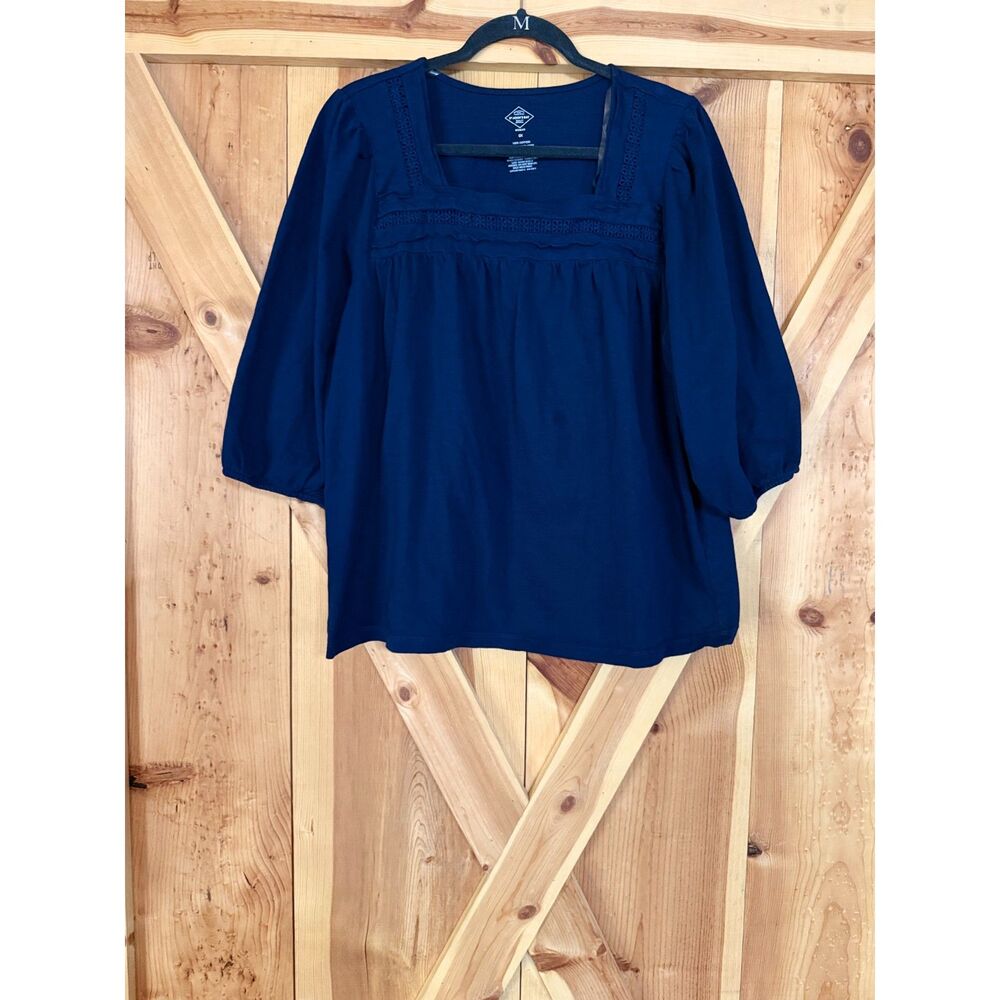 St. John's Bay Navy Blue Crochet Trim Square Neck Top Plus Size 0X Peasant Ren